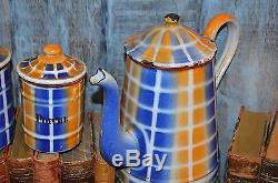 Vintage French Enamelware Plaid Canisters Enamel Set of 6 Plus Coffee Pot
