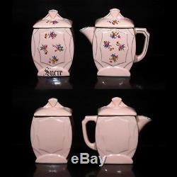 Vintage French Pink Porcelain Canister and Coffee Pot Set, Sugar, Pepper, 4 pcs