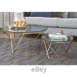 Vintage Glass Coffee Table Set Furniture Living Room Metal Side Table 2 Pieces