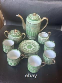 Vintage Green Tea Coffee Set Porcelain Gilt Handles Cups Saucers Pot