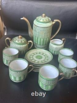 Vintage Green Tea Coffee Set Porcelain Gilt Handles Cups Saucers Pot