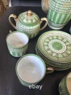 Vintage Green Tea Coffee Set Porcelain Gilt Handles Cups Saucers Pot
