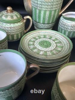 Vintage Green Tea Coffee Set Porcelain Gilt Handles Cups Saucers Pot