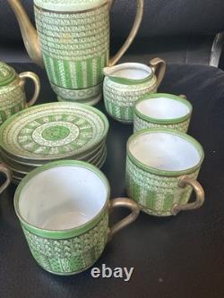 Vintage Green Tea Coffee Set Porcelain Gilt Handles Cups Saucers Pot