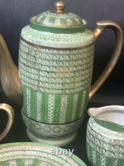 Vintage Green Tea Coffee Set Porcelain Gilt Handles Cups Saucers Pot