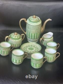 Vintage Green Tea Coffee Set Porcelain Gilt Handles Cups Saucers Pot