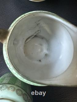 Vintage Green Tea Coffee Set Porcelain Gilt Handles Cups Saucers Pot