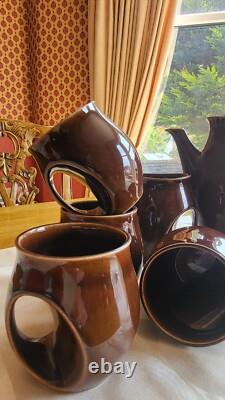 Vintage HOLKHAM Pottery Owl Eye 1960's Six Piece Coffee Set Chocolate Brown