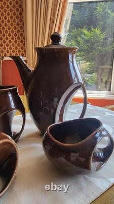 Vintage HOLKHAM Pottery Owl Eye 1960's Six Piece Coffee Set Chocolate Brown