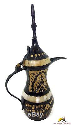 Vintage Handmade Palestinian Engraved Brass Mother of Pearl Coffee Set Bethlehem