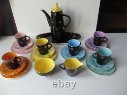 Vintage Harlequin, Coffee Set, Black crest Design, Multicoloured Cups & Saucers