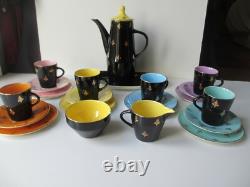 Vintage Harlequin, Coffee Set, Black crest Design, Multicoloured Cups & Saucers