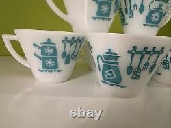 Vintage Hazel Atlas KITCHEN AIDS Coffee Tea Mugs Aqua on White SET of 7