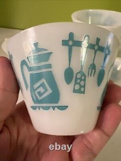 Vintage Hazel Atlas KITCHEN AIDS Coffee Tea Mugs Aqua on White SET of 7