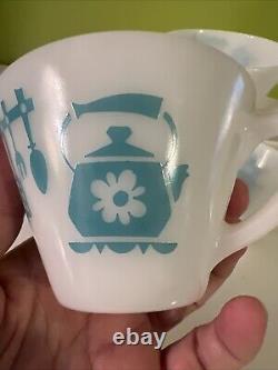 Vintage Hazel Atlas KITCHEN AIDS Coffee Tea Mugs Aqua on White SET of 7