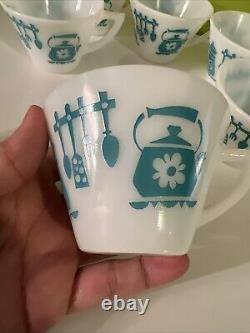 Vintage Hazel Atlas KITCHEN AIDS Coffee Tea Mugs Aqua on White SET of 7