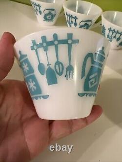 Vintage Hazel Atlas KITCHEN AIDS Coffee Tea Mugs Aqua on White SET of 7