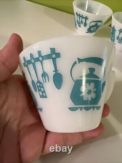 Vintage Hazel Atlas KITCHEN AIDS Coffee Tea Mugs Aqua on White SET of 7