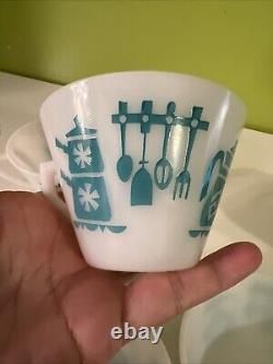 Vintage Hazel Atlas KITCHEN AIDS Coffee Tea Mugs Aqua on White SET of 7