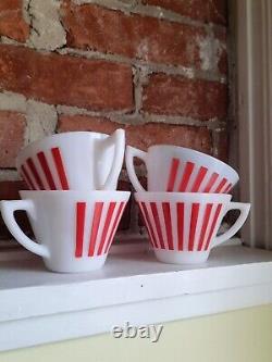 Vintage Hazel Atlas Red White Candy Stripe Milk Glass Tea/Coffee Cup Set Of 4