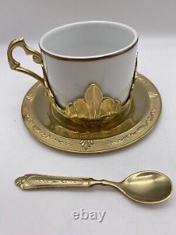 Vintage IPA Italy 24k Gold Plated Coffee Cups Saucers Spoons Sugar Bowl Set