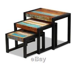 Vintage Industrial Set Of 3 Retro Living Room Coffee Side Tables Reclaimed Wood