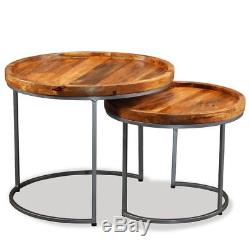 Vintage Industrial Side Tables Round Coffee End Table Set Solid Wood Iron Legs