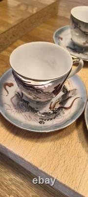Vintage Japanese Dragon Demitasse Coffee Set. Lithophane Geisha. Hand-Painted