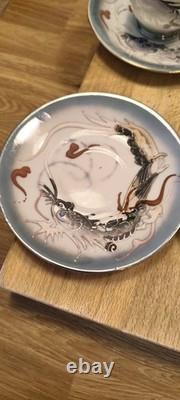 Vintage Japanese Dragon Demitasse Coffee Set. Lithophane Geisha. Hand-Painted