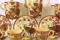 Vintage Japanese Satsuma Pottery Tea Or Coffee Set 18pc Peacock Pattern