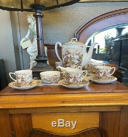 Vintage Johnson Brothers England Brown & White Enchanted Garden Coffee Set
