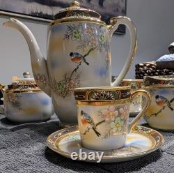 Vintage Kireina Japan Coffee Set Hand Painted Birds & Flowers Gift Porcelain