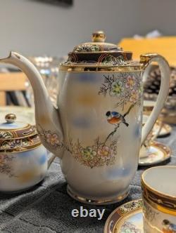 Vintage Kireina Japan Coffee Set Hand Painted Birds & Flowers Gift Porcelain