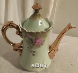 Vintage Lefton China, Heritage Green Pink Roses Coffee Set Hand Painted 19 Piece