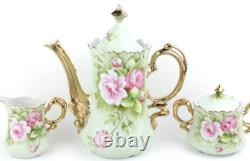 Vintage Lefton Hand Painted Tea Coffee Set Mint Heritage Green Pink Rose Flower