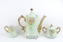 Vintage Lefton Hand Painted Tea Coffee Set Mint Heritage Green Pink Rose Flower