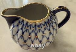 Vintage Lomonosov LFZ Cobalt Net Coffee Set for 6, Hand Painted, Made in USSR
