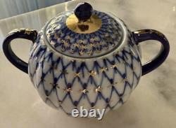 Vintage Lomonosov LFZ Cobalt Net Coffee Set for 6, Hand Painted, Made in USSR