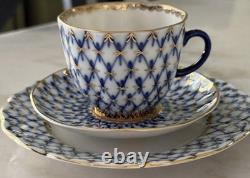 Vintage Lomonosov LFZ Cobalt Net Coffee Set for 6, Hand Painted, Made in USSR