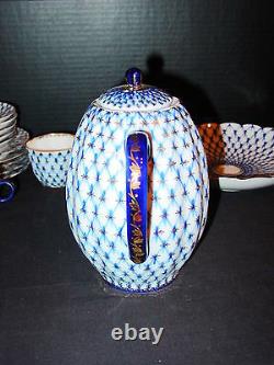 Vintage Lomonosov USSR Cobalt Blue Net 22 Piece Porcelain Coffee Tea Set