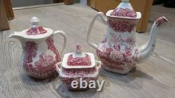 Vintage Masons Vista Pink Ironstone Coffee Pot, Sugar Bowl & Pitcher Set