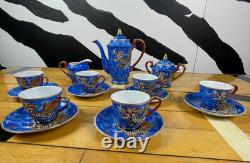 Vintage Meikei China Japan Dragon Tea Set Blue Hand Painted Coffee Set 15 Piece