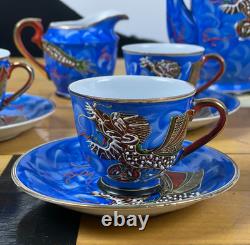Vintage Meikei China Japan Dragon Tea Set Blue Hand Painted Coffee Set 15 Piece