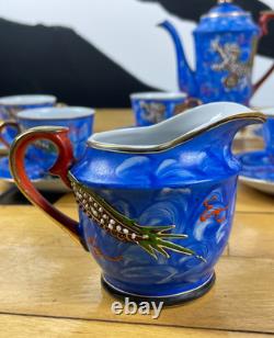 Vintage Meikei China Japan Dragon Tea Set Blue Hand Painted Coffee Set 15 Piece