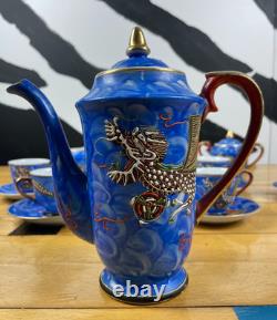 Vintage Meikei China Japan Dragon Tea Set Blue Hand Painted Coffee Set 15 Piece