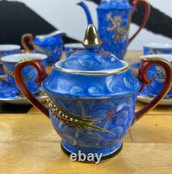 Vintage Meikei China Japan Dragon Tea Set Blue Hand Painted Coffee Set 15 Piece