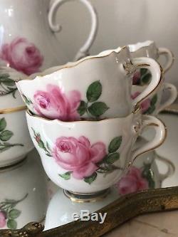 Vintage Meissen Handpainted Pink Rose Demitasse Coffee Set 15 pcs FIRST QUALITY