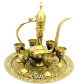 Vintage Moorish Style Brass Coffee Ewer Set Turquoise & Carnelian Inlaid Stones