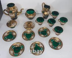 Vintage Murano Coffee Tea Set, Venetian 24K Hand painted Enamel Green Glass