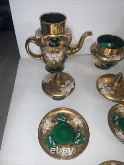Vintage Murano Coffee Tea Set, Venetian 24K Hand painted Enamel Green Glass